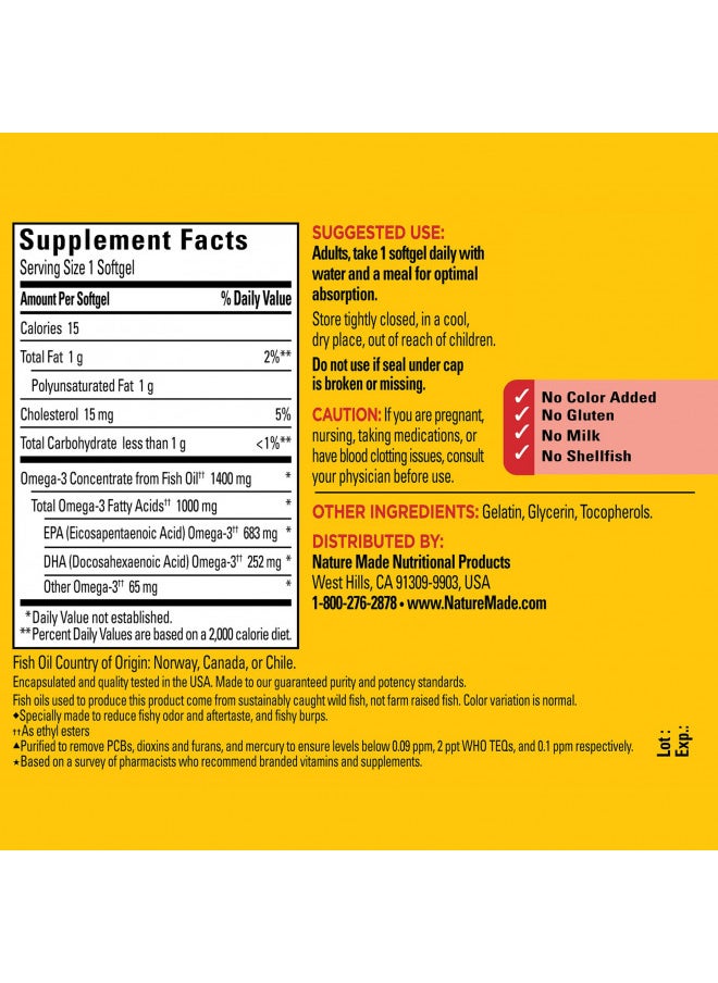 Nature Made - Nature Made Burp Less Ultra Omega 3 Fish Oil 1400 mg, Fish Oil Supplements, Omega 3 Supplement for Healthy Heart, Brain and Eyes Support, One Per Day, 45 Softgels - Image 1
