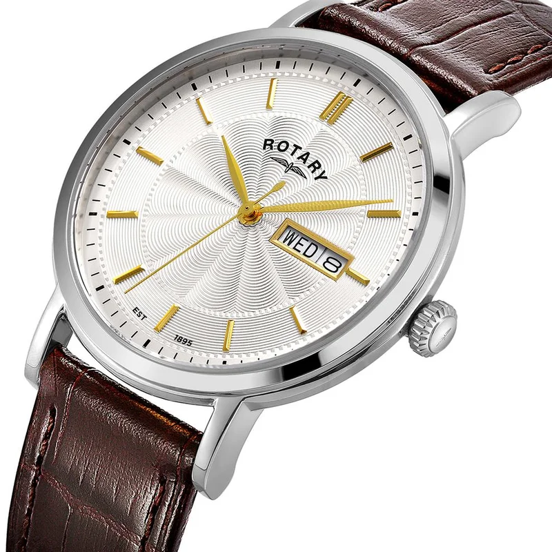 روتاري ساعة Rotary Heritage الرجالية من الفولاذ المقاوم للصدأ مع حزام جلدي بني - GS05420/02