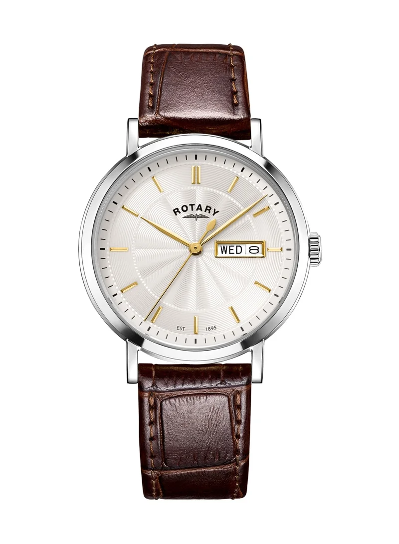 Rotary Men's Heritage Analogue Watch, 37 mm, Silver Dial, Brown Leather Strap