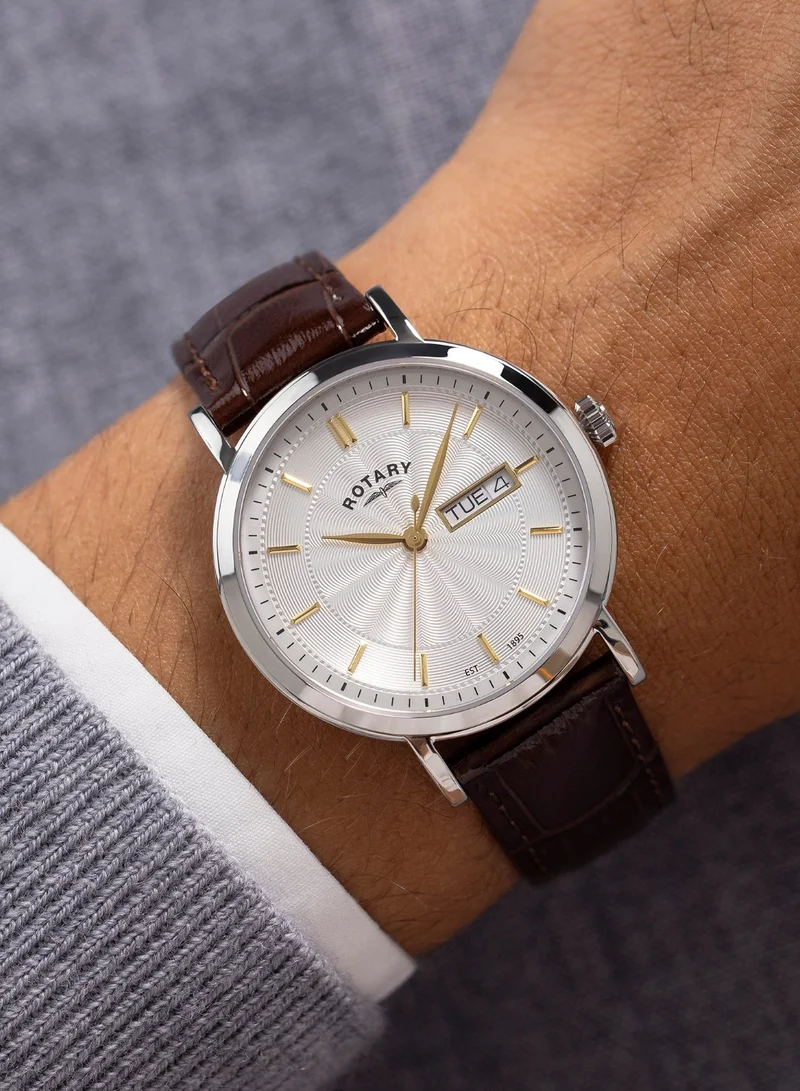 Rotary  Men's Heritage Analogue Watch, 37 mm, Silver Dial, Brown Leather Strap for Men | Best Price UAE
