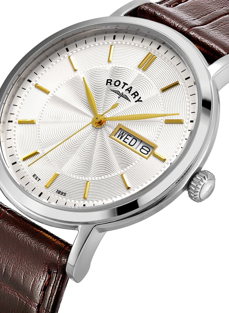 Rotary Men's Heritage Analogue Watch, 37 mm, Silver Dial, Brown Leather Strap