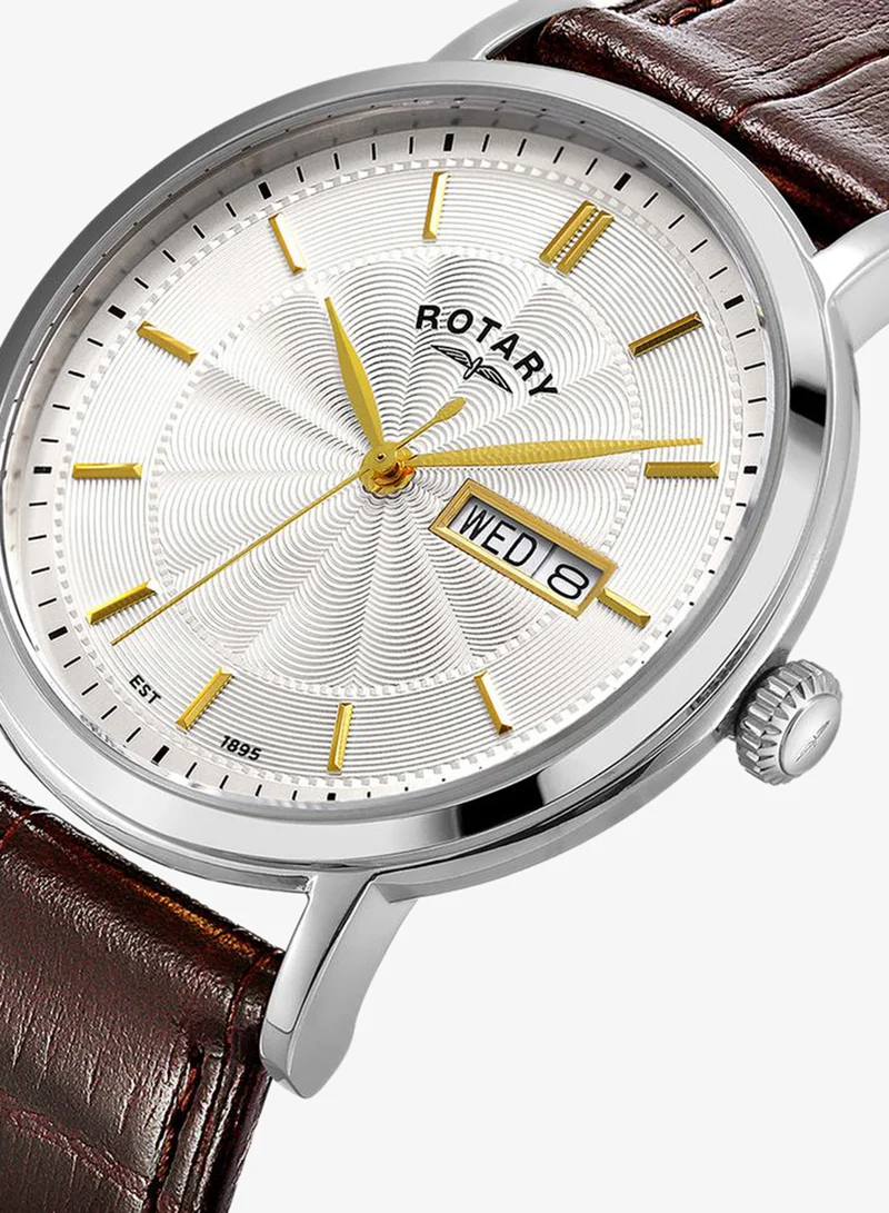 Rotary Men's Heritage Analogue Watch, 37 mm, Silver Dial, Brown Leather Strap