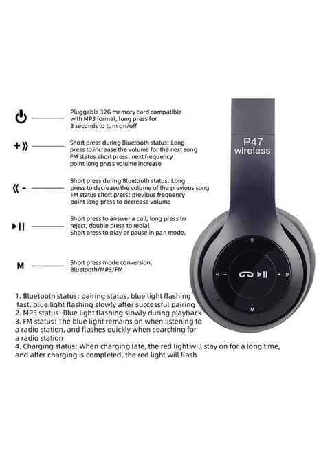 Foldable Wireless Bluetooth Headset Headphone With Microphone Support Micro SD Black