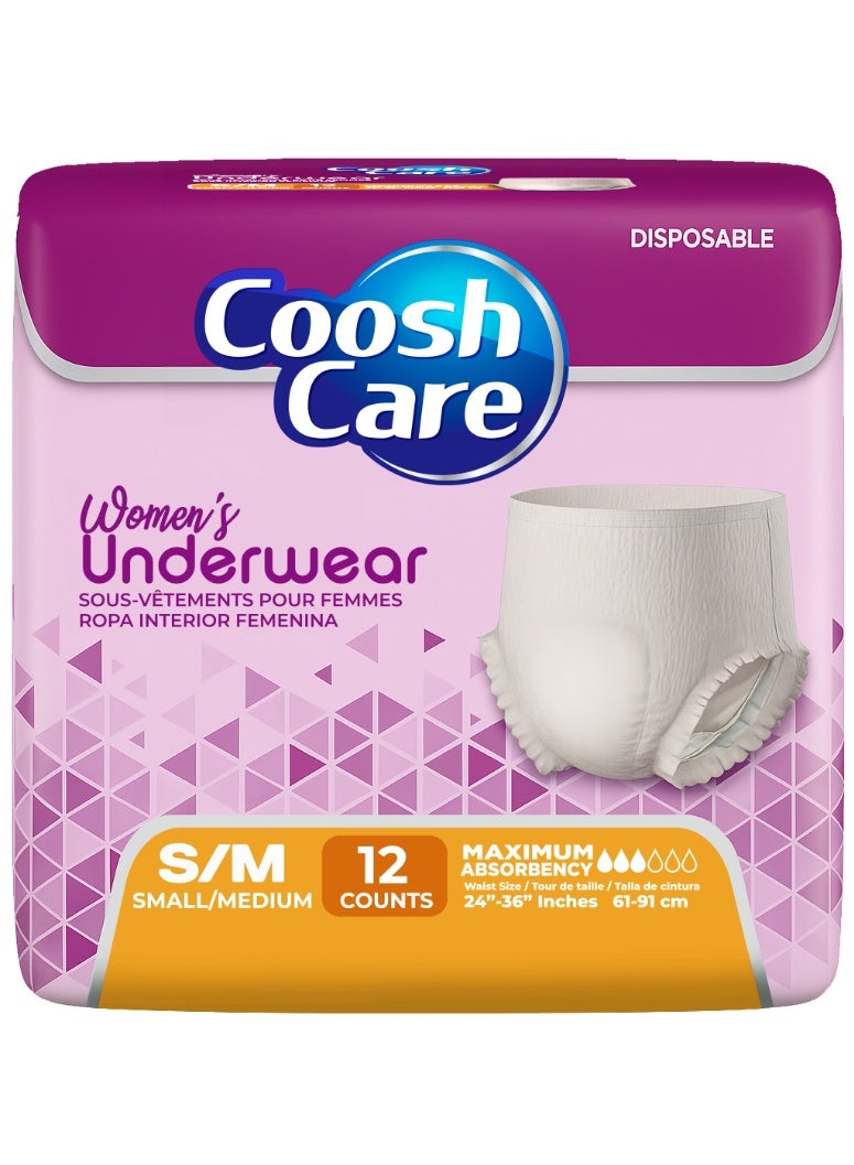 CooshCare سراويل داخلية قابلة للاستخدام مرة واحدة، أقصى امتصاص، سراويل سحب للبالغين (12 قطعة)، غطاء ناعم للغاية، حماية ضد التسرب، ملاءمة مريحة وآمنة لرعاية سلس البول (للنساء - S/M) - Image 1
