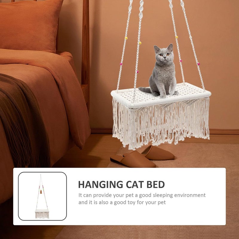Macrame Hanging Cat Hammock Bed Sturdy Wear-Resistant Decorative Cat Nest Indoor Swing Bed for Kittens - Image 3
