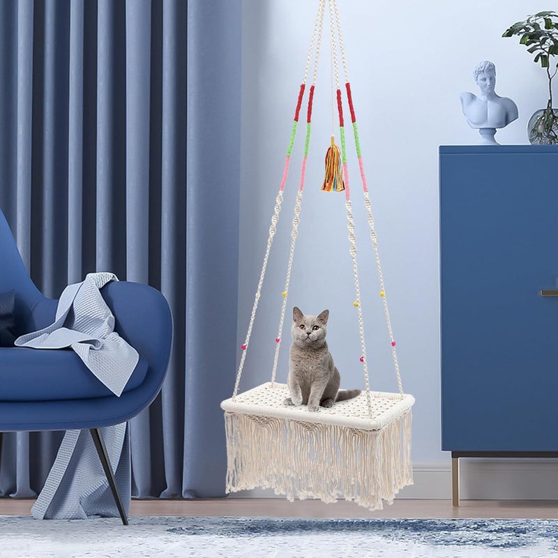 Macrame Hanging Cat Hammock Bed Sturdy Wear-Resistant Decorative Cat Nest Indoor Swing Bed for Kittens - Image 5