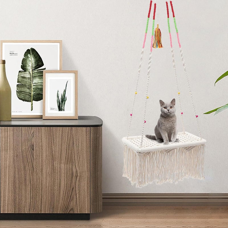 Macrame Hanging Cat Hammock Bed Sturdy Wear-Resistant Decorative Cat Nest Indoor Swing Bed for Kittens - Image 4