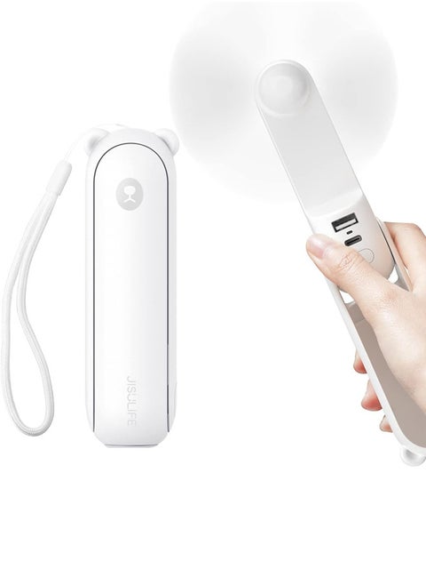 Handheld Mini Fan 3-in-1 with 4500 mAh Power Bank USB Battery Small Fan Battery Operated Max 46 Hrs Runtime Portable Fan Torches Function white