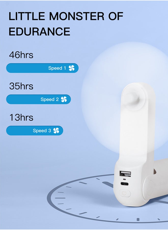 Handheld Mini Fan 3-in-1 with 4500 mAh Power Bank USB Battery Small Fan Battery Operated Max 46 Hrs Runtime Portable Fan Torches Function white
