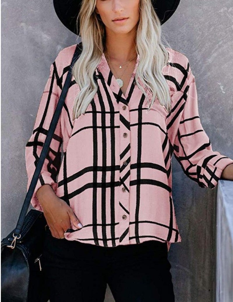 2019 new European and American lapel casual long-sleeved plaid print women's lining Pink L - Image 1