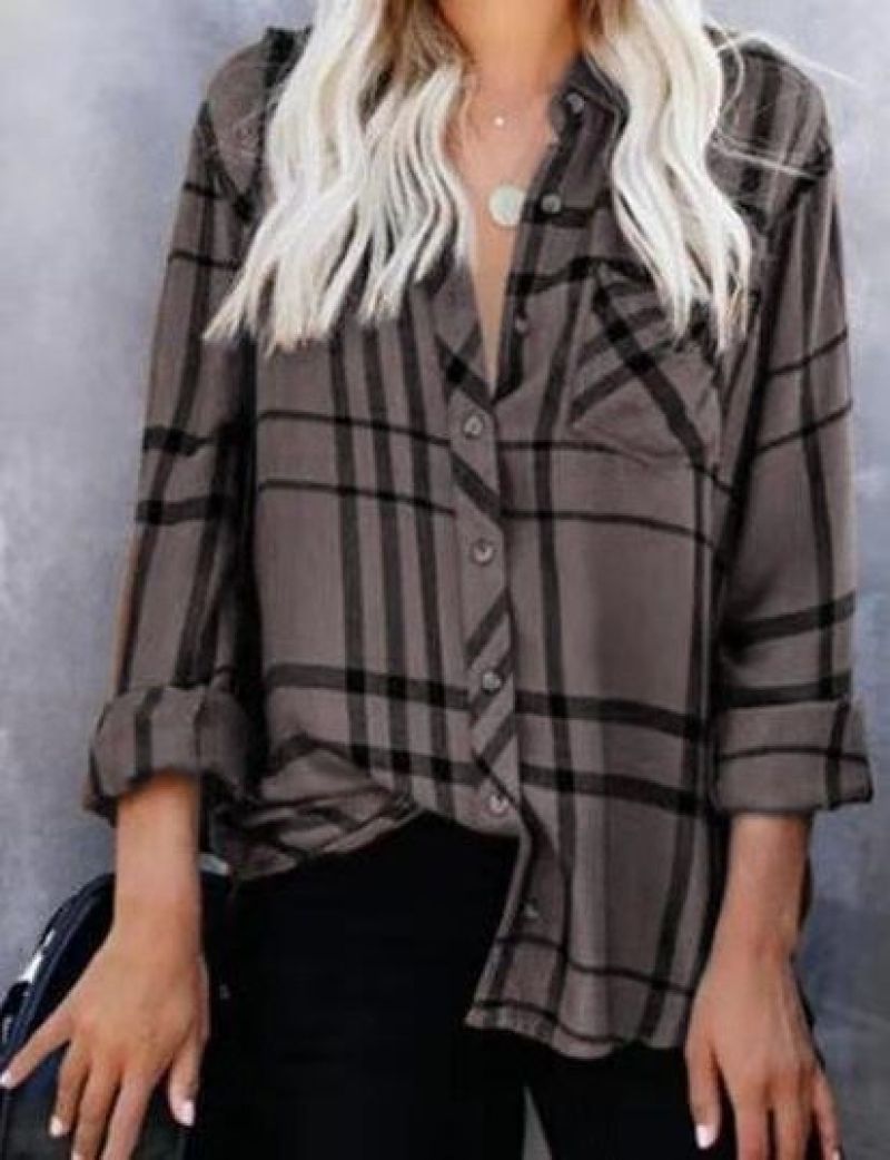 2019 new European and American lapel casual long-sleeved plaid print women's lining Pink L - Image 2
