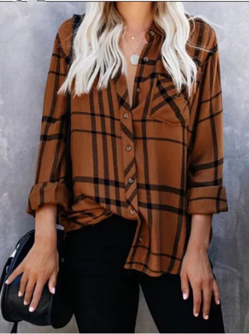 2019 new European and American lapel casual long-sleeved plaid print women's lining Pink L - Image 3