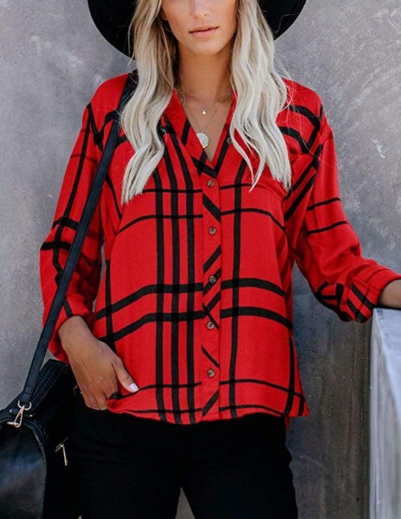 2019 new European and American lapel casual long-sleeved plaid print women's lining Pink L - Image 5
