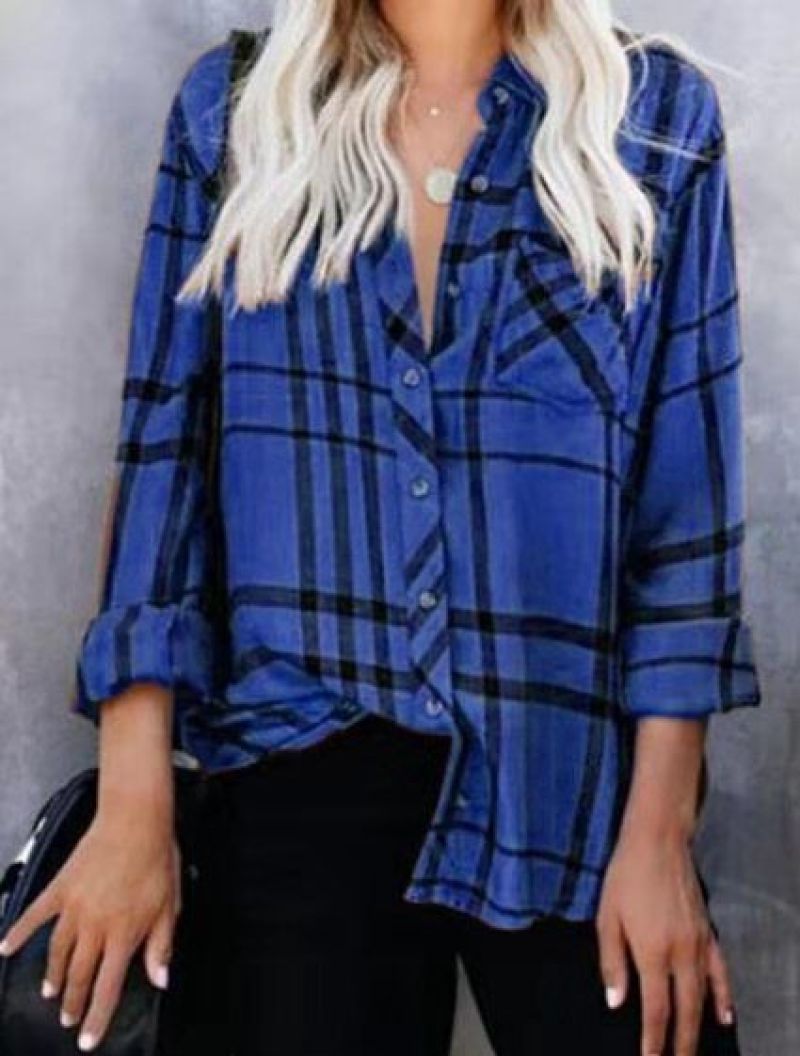 2019 new European and American lapel casual long-sleeved plaid print women's lining Pink L - Image 4