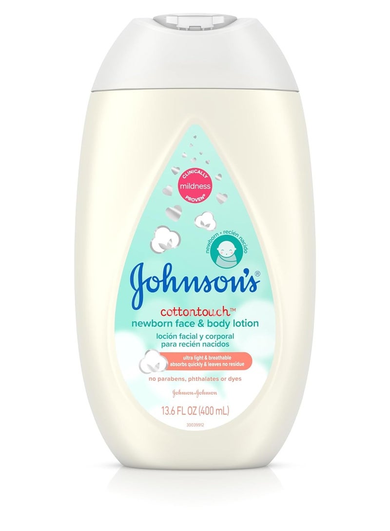 Johnson's CottonTouch Newborn Baby Face and Body Lotion, Hypoallergenic Moisturization for Baby's Skin, Made with Real Cotton, Paraben-Free, Dye-Free, 13.6 fl. oz - Image 1