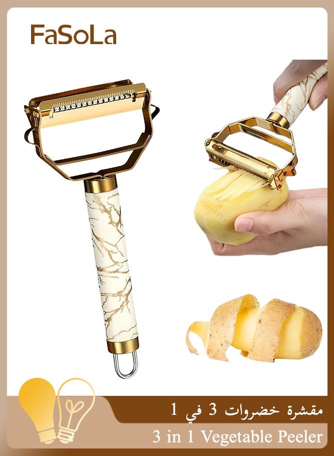 Fasola Stainless Steel Peeler, 3 in 1 Vegetable Peeler,  Fruit, Potatoes Peeler for Kitchen,The Three Functions of Peeling, Shredding, Digging Holes Are Integrated with Ergonomic Non-slip Handle, 18x8x2cm(Gold) - Image 1