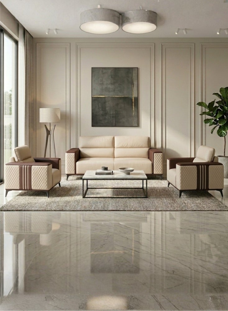 Karnak Kinzli Modern 5-Seater Sofa Set | Leather Tufted Couch |  Beige Coffee Comfortable Armrest Sofa Set for Living Room Apartment, Villas Furniture - Image 1