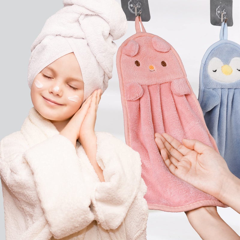 Battilo Home 4 Pack Cute Animal Kids Toddler Hand Towels Planks Hand Plank مع حلقة معلقة من الألياف الدقيقة والامتصاصة فائدة جافة سريعة للحمام المنزل - Image 1