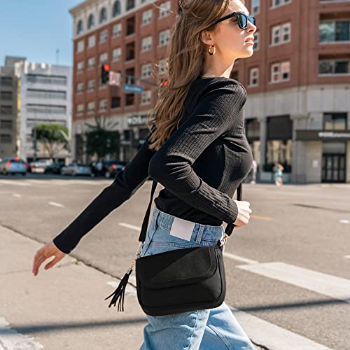 EVVE Small Crossbody Bag for Women Trendy Flap Saddle Purses with Tassel and Adjustable Shoulder Strap - Black - Image 2