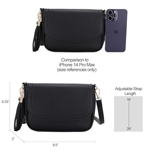 EVVE Small Crossbody Bag for Women Trendy Flap Saddle Purses with Tassel and Adjustable Shoulder Strap - Black - Image 4