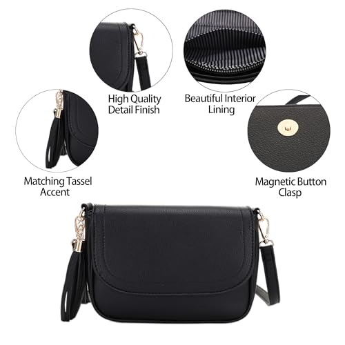 EVVE Small Crossbody Bag for Women Trendy Flap Saddle Purses with Tassel and Adjustable Shoulder Strap - Black - Image 5