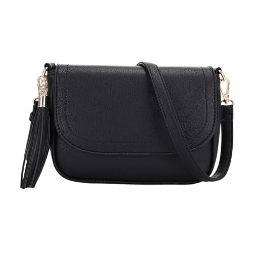 EVVE Small Crossbody Bag for Women Trendy Flap Saddle Purses with Tassel and Adjustable Shoulder Strap - Black - Image 1