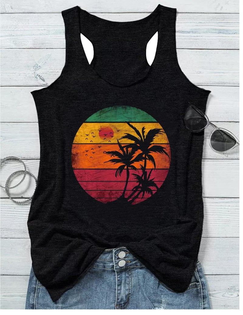 CHUNTIANRAN Beach Vacation Outfits for Women Summer Beach Racerback Tank Tops Ladies Trendy Basic Workout Tops Clothes Shirts Camis(Coconut Tree-Black 3,Small) - Image 2