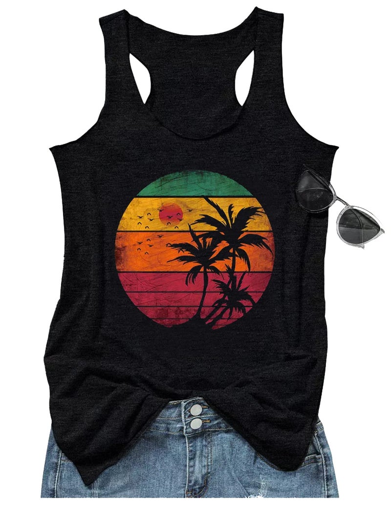 CHUNTIANRAN Beach Vacation Outfits for Women Summer Beach Racerback Tank Tops Ladies Trendy Basic Workout Tops Clothes Shirts Camis(Coconut Tree-Black 3,Small) - Image 1