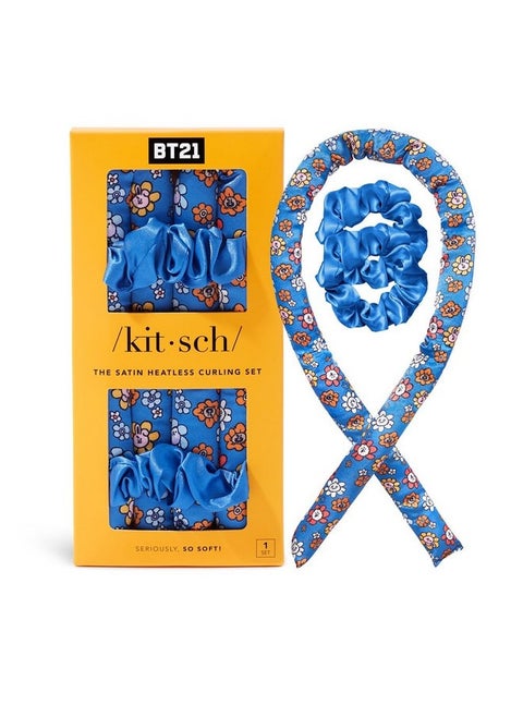 مجموعة تجعيد الشعر BT21 x Kitsch Satin بدون حرارة - مكواة تجعيد شعر ناعمة وبكرات لتجعيدات الشعر بدون حرارة