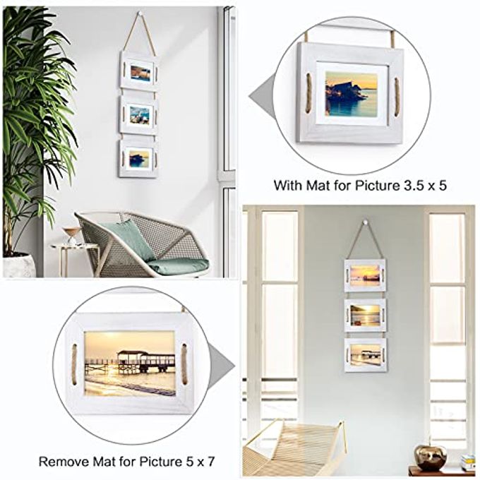 DLQuarts 5x7 Hanging Picture Frames Collage Wall Decor, 3-Frame Set, 3.5x5 with Mat or 5x7 Without Mat, Rustic Solid Wood Photo Frame Pack of 2 Vintage White - Image 3