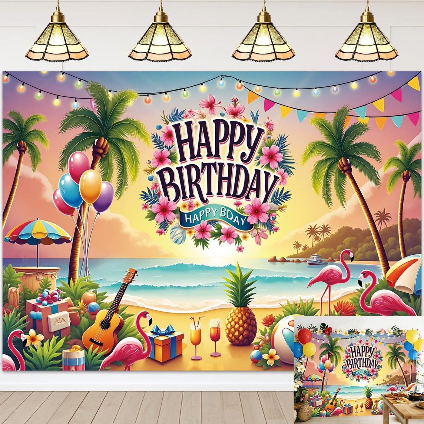 الرائد Al Raied Happy Birthday Tropical Beach Backdrop - Summer Hawaiian Flamingo Palm Tree Bann