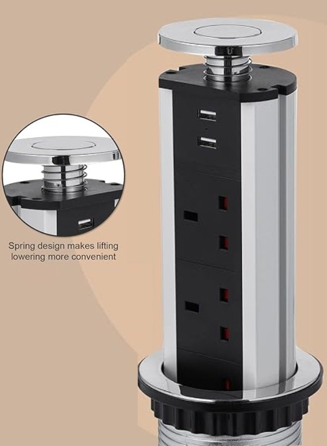 Pop Up Socket, Pull Pop Up Electrical Plug Socket with 3 UK Sockets & 2 USB Charger Ports for Home, Office, Kitchen, Worktops, Desktop, Aluminum Alloy Shell, 1.8 m Extension Cord (Silver + Black) - Image 2