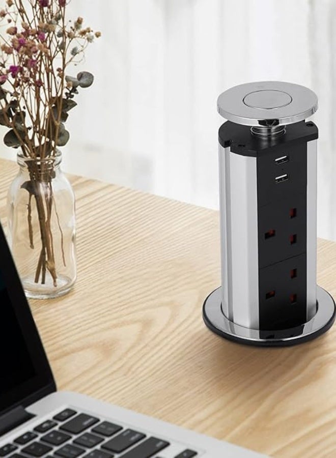 Pop Up Socket, Pull Pop Up Electrical Plug Socket with 3 UK Sockets & 2 USB Charger Ports for Home, Office, Kitchen, Worktops, Desktop, Aluminum Alloy Shell, 1.8 m Extension Cord (Silver + Black) - Image 1
