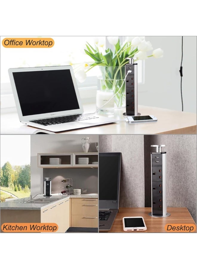 Pop Up Socket, Pull Pop Up Electrical Plug Socket with 3 UK Sockets & 2 USB Charger Ports for Home, Office, Kitchen, Worktops, Desktop, Aluminum Alloy Shell, 1.8 m Extension Cord (Silver + Black) - Image 4