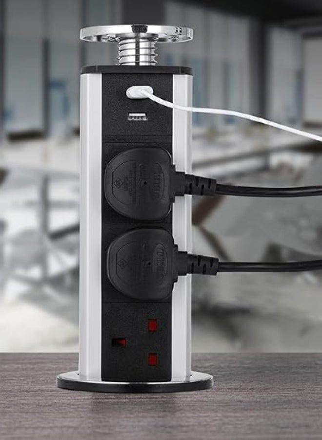 Pop Up Socket, Pull Pop Up Electrical Plug Socket with 3 UK Sockets & 2 USB Charger Ports for Home, Office, Kitchen, Worktops, Desktop, Aluminum Alloy Shell, 1.8 m Extension Cord (Silver + Black) - Image 3