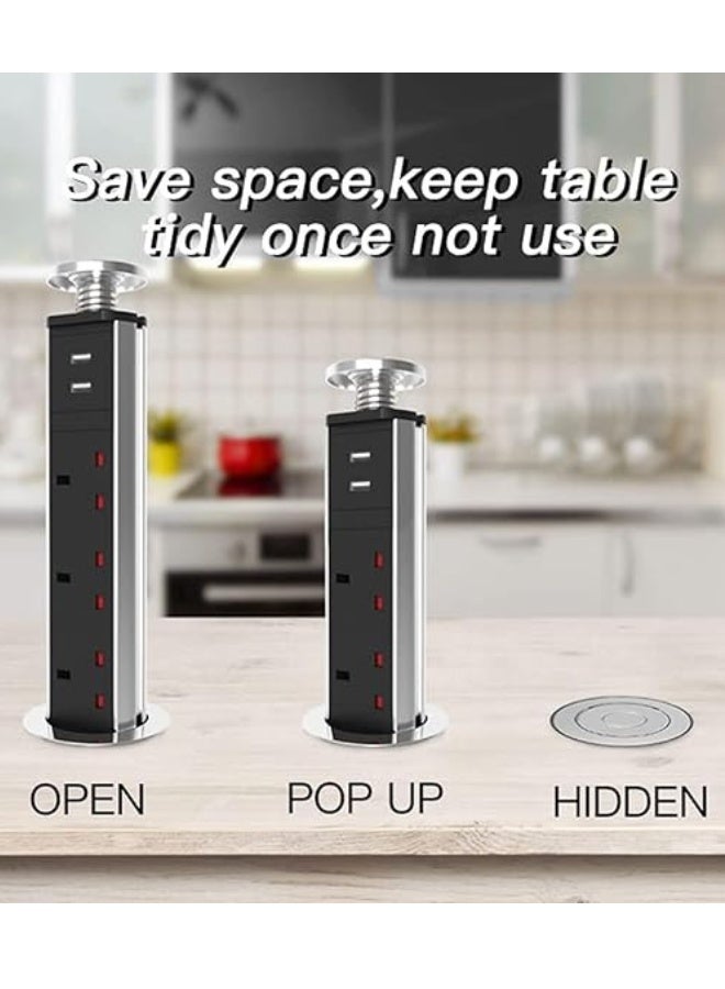 Pop Up Socket, Pull Pop Up Electrical Plug Socket with 3 UK Sockets & 2 USB Charger Ports for Home, Office, Kitchen, Worktops, Desktop, Aluminum Alloy Shell, 1.8 m Extension Cord (Silver + Black) - Image 5