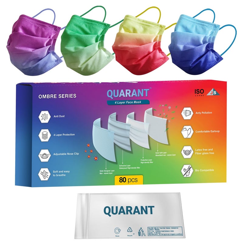 QUARANT Meltblown - Dual SMMS Fabric 4 Ply Designer Protective Face Mask with Nose Clip and Reusable Travel Pouch, Fashion That's Safe (Ombre Combo, Pack of 80) for Unisex - Image 1