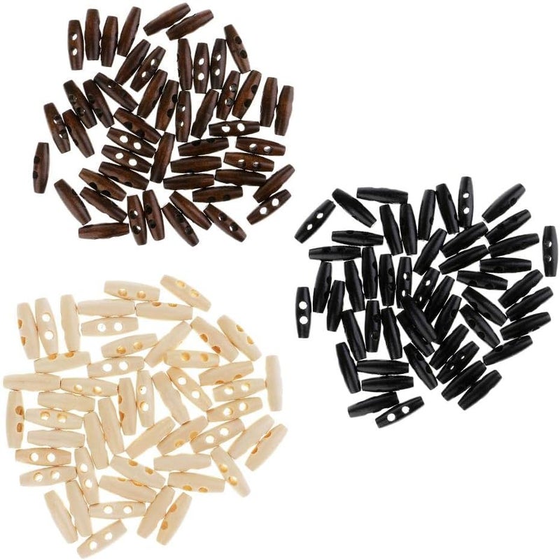 150Pcs Tiny Natural Wood Toggle Buttons for DIY Dolls Clothes, Baby Duffle - Rustic Wooden Buttons for Sewing, Cute Horn Buckles Clothing Accessories Kit, 30 x 10mm, Black Brown Beige