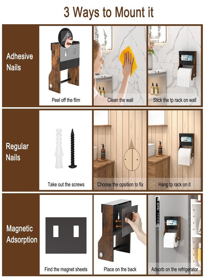TQVAI Wall Mounted Toilet Paper Holder - 3 Ways Mount - Self Adhesive Magnetic Toilet Paper Organizer with Wipes Holder for Bathroom, Restroom, Kitchen, Vintage/Black - Image 4