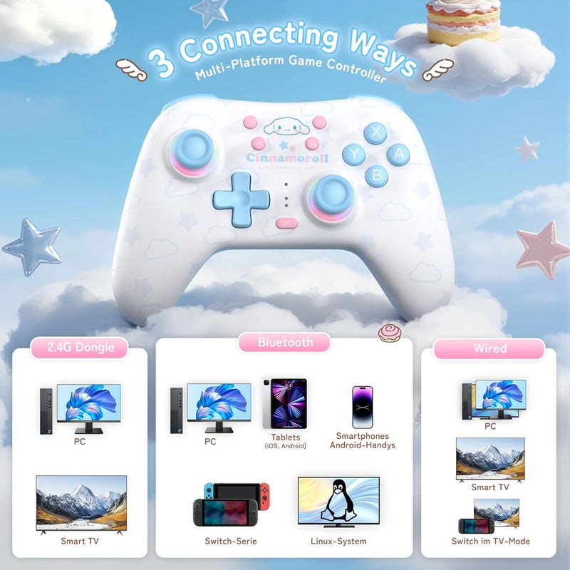 Kuitmor Cinnamoroll Switch Pro Controller, Cute Hall Effect Wireless Gamepad No Drift for Switch 2/Switch/OLED/Lite, PC/Steam, Android, iOS, Bluetooth + Wired, Turbo, Back Buttons, 6-Aixs Gyro, Wake-up, RGB (Blue, Without 2.4g Receiver) - Image 2