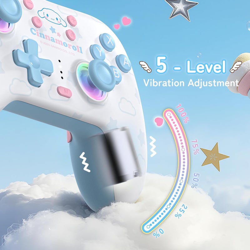Kuitmor Cinnamoroll Switch Pro Controller, Cute Hall Effect Wireless Gamepad No Drift for Switch 2/Switch/OLED/Lite, PC/Steam, Android, iOS, Bluetooth + Wired, Turbo, Back Buttons, 6-Aixs Gyro, Wake-up, RGB (Blue, Without 2.4g Receiver) - Image 3