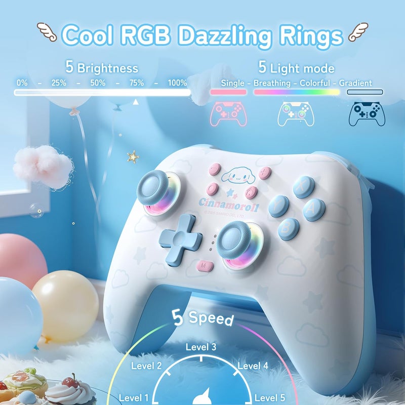 Kuitmor Cinnamoroll Switch Pro Controller, Cute Hall Effect Wireless Gamepad No Drift for Switch 2/Switch/OLED/Lite, PC/Steam, Android, iOS, Bluetooth + Wired, Turbo, Back Buttons, 6-Aixs Gyro, Wake-up, RGB (Blue, Without 2.4g Receiver) - Image 4