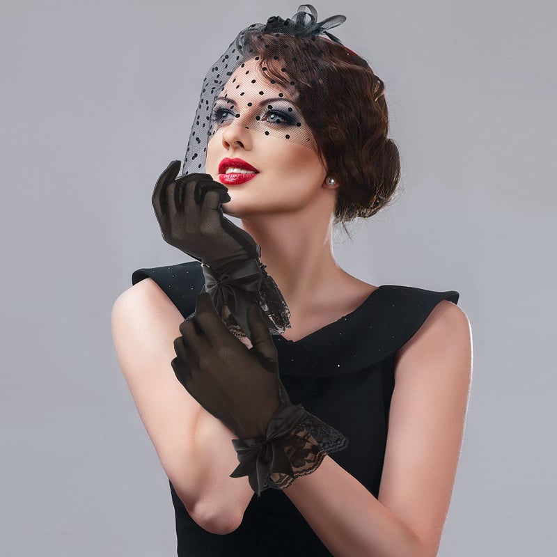 Yolev Women's Lace Gloves with Bow Short Tea Party Gloves Ladies Bridal Glove for Wedding Party Banquet (Black) - Image 5