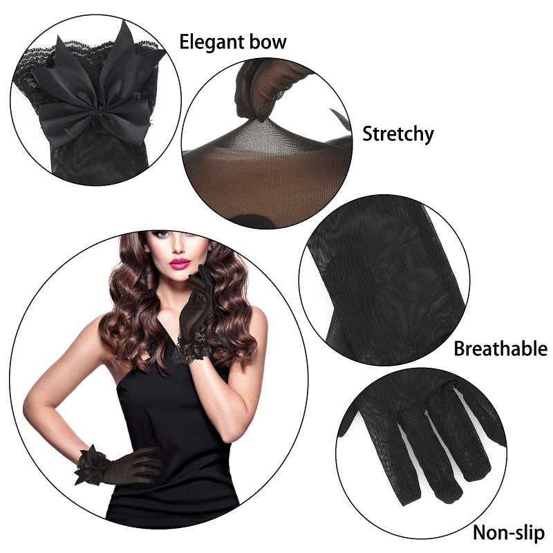Yolev Women's Lace Gloves with Bow Short Tea Party Gloves Ladies Bridal Glove for Wedding Party Banquet (Black) - Image 3
