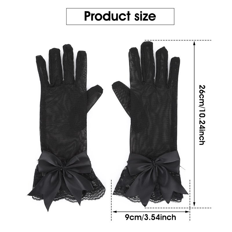Yolev Women's Lace Gloves with Bow Short Tea Party Gloves Ladies Bridal Glove for Wedding Party Banquet (Black) - Image 2