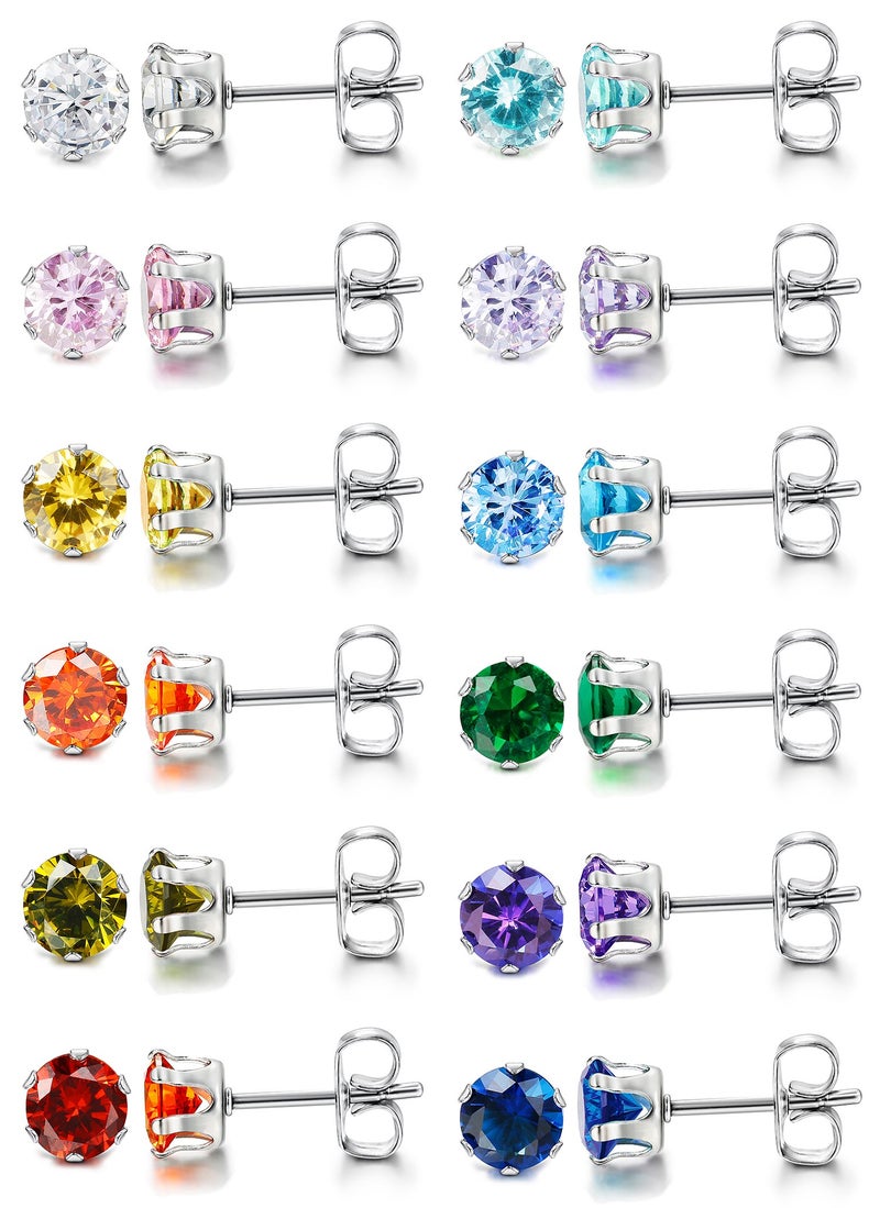 LOYALLOOK 12 Pairs Stainless Steel Round Cubic Zirconia Birthstone Stud Earrings for Women 4mm - Image 4
