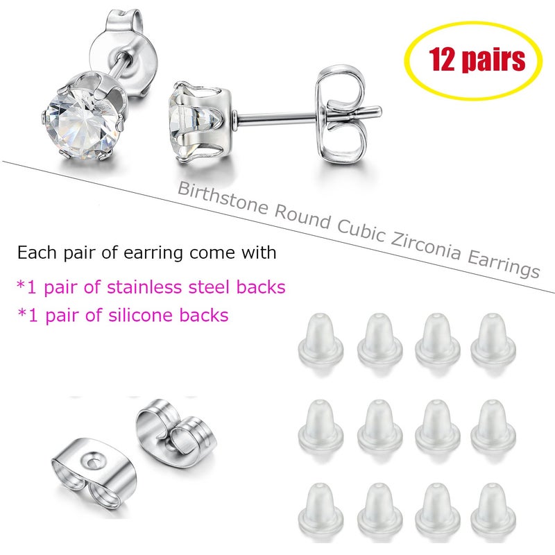 LOYALLOOK 12 Pairs Stainless Steel Round Cubic Zirconia Birthstone Stud Earrings for Women 4mm - Image 5