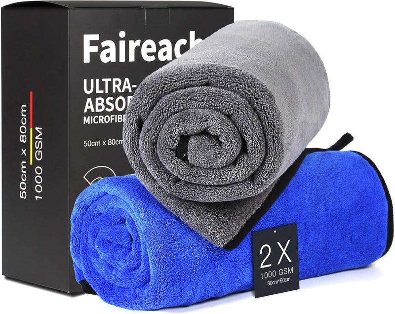 Faireach 2 PCS Car Microfibre Cleaning Cloths - 50x80cm, 1000GSM Highly Absorbent Towel - Image 1