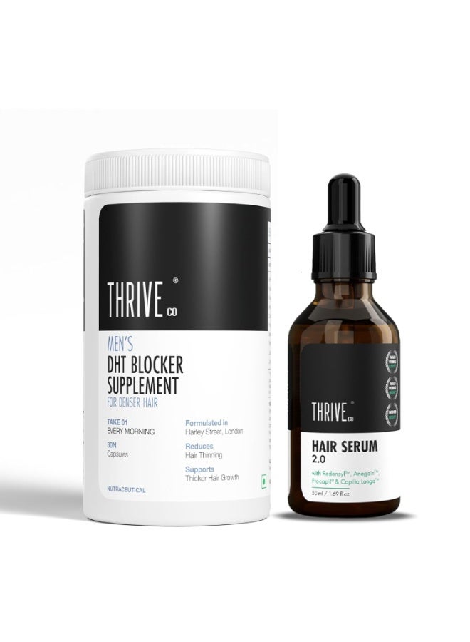 ThriveCo Hair Growth Serum 50ml + Men's DHT Blocker Supplement 30 Capsules | Hair Fall & Thinning Support | DHT Control Formula - Image 1