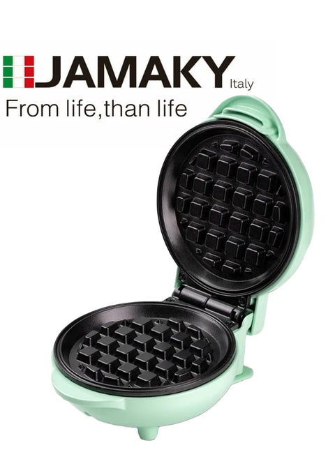 Mini Waffle Maker 1000W with Italian technology - JMK 2020 Non-stick Coating Plate Cool Touch Handle 1000W Non-Slip Feet, Round Shape/green
